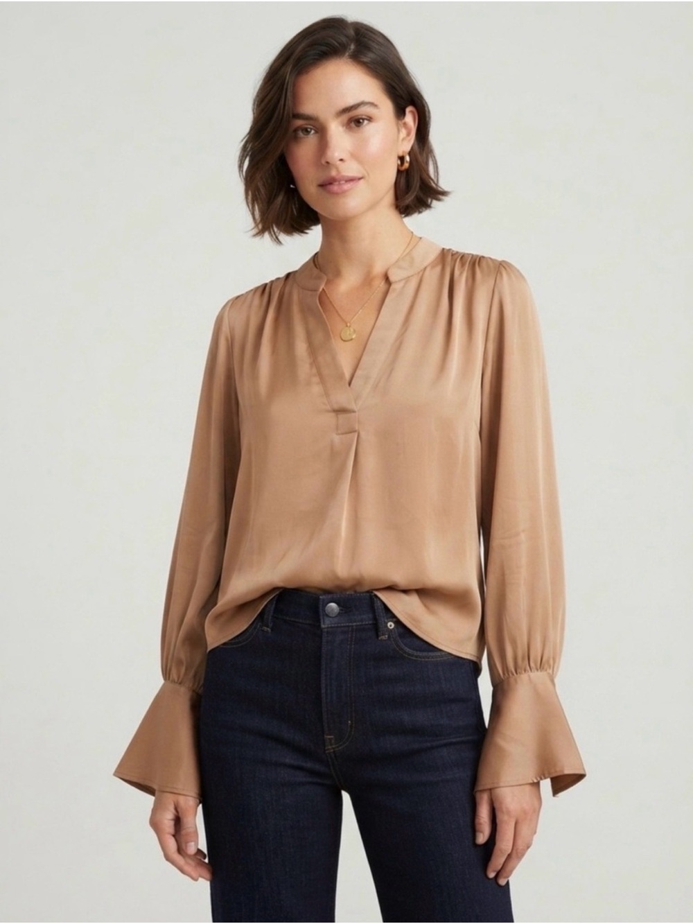 Banana Republic Tan Satin V-Neck Blouse with Flared Cuffs
